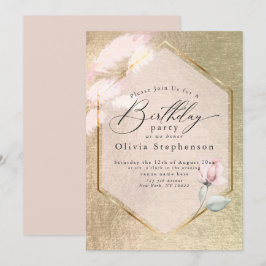Invitación de cumpleaños con flores de oro rosa de
