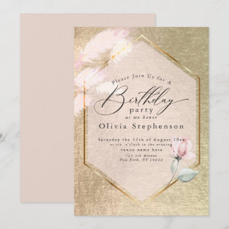 Invitación de cumpleaños con flores de oro rosa de