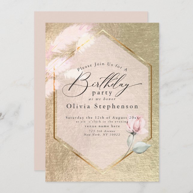 Invitación de cumpleaños con flores de oro rosa de (Anverso / Reverso)