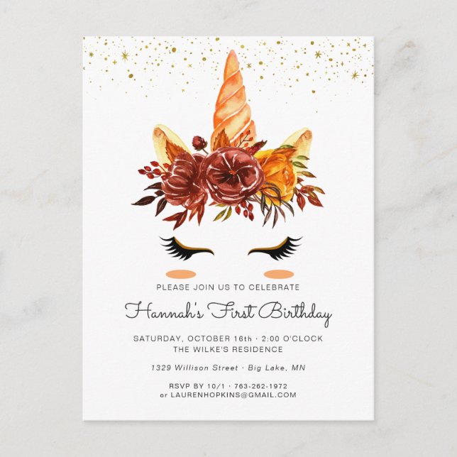 Invitación de cumpleaños con flores de otoño a Uni (Anverso)