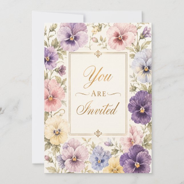 Invitación de cumpleaños con flores de pensamiento (Anverso)