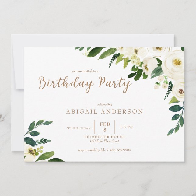 Invitación de cumpleaños con flores goteando blanc (Anverso)