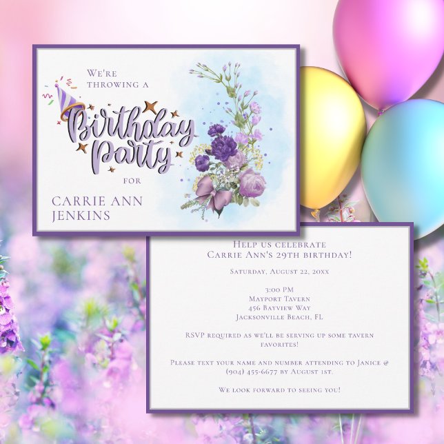 Invitación de cumpleaños con flores moradas (Subido por el creador)