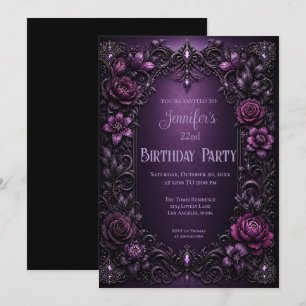 Invitación de cumpleaños con flores moradas y mela