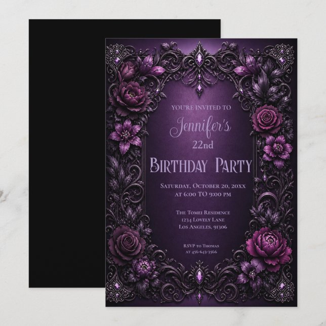 Invitación de cumpleaños con flores moradas y mela (Anverso / Reverso)