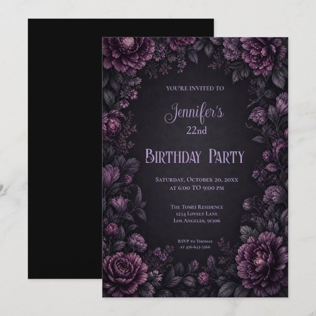 Invitación de cumpleaños con flores moradas y mela (Anverso / Reverso)