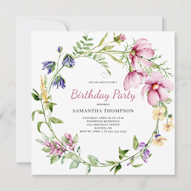 Invitación de cumpleaños con flores rosadas (Anverso)