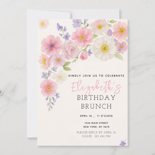 Invitación de cumpleaños con flores rosadas (Anverso)