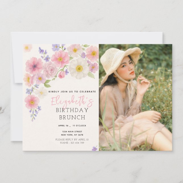 Invitación de cumpleaños con flores rosadas con fo (Anverso)
