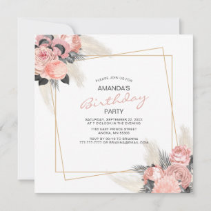 Invitación de cumpleaños con flores rosadas elegan