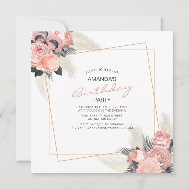 Invitación de cumpleaños con flores rosadas elegan (Anverso)