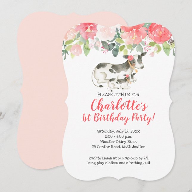 Invitación de cumpleaños con flores rosadas y cora (Anverso / Reverso)