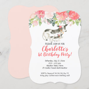 Invitación de cumpleaños con flores rosadas y cora