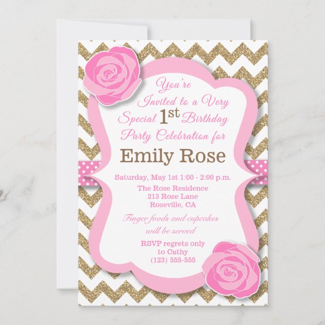 Invitación de cumpleaños con flores rosadas y oro  (Anverso)