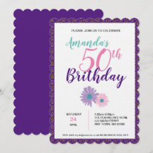 Invitación de cumpleaños con flores rosadas y púrp