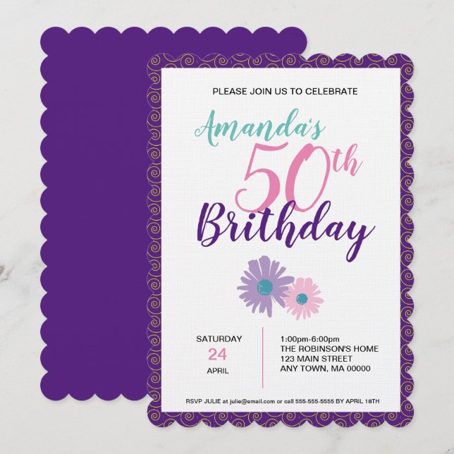 Invitación de cumpleaños con flores rosadas y púrp (Anverso / Reverso)