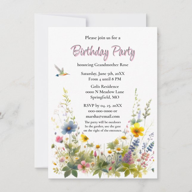 Invitación de cumpleaños con flores silvestres (Anverso)