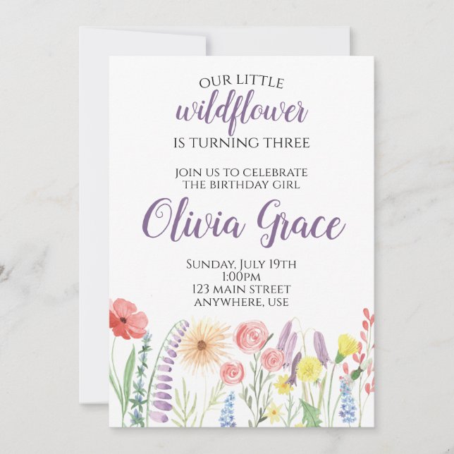 Invitación de cumpleaños con flores silvestres (Anverso)