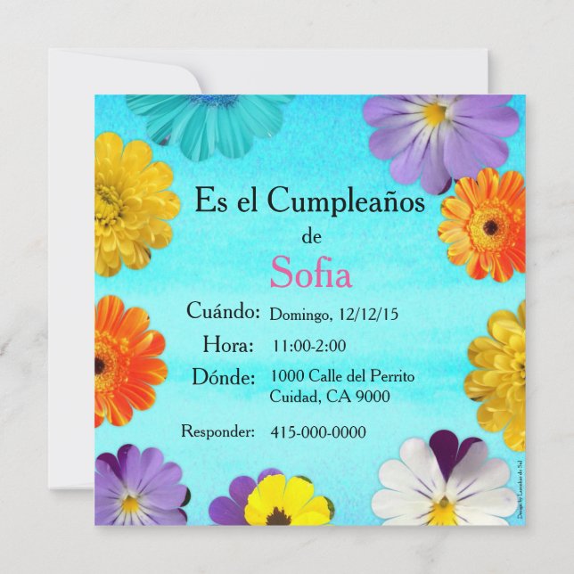 Invitación de cumpleaños con flores, un perrito y  (Reverso)