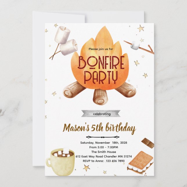 Invitación de cumpleaños con fogata y malvaviscos  (Anverso)