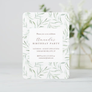 Invitación de cumpleaños con follaje verde delicad