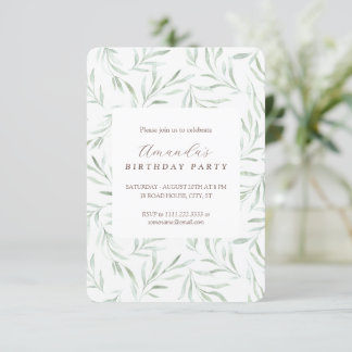 Invitación de cumpleaños con follaje verde delicad