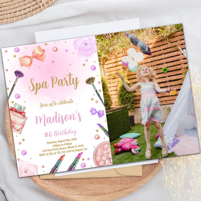 Invitación de cumpleaños con foto (Purple Spa Birthday Invitations with photo)