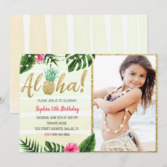 Invitación de cumpleaños con foto a las hojas trop (Anverso / Reverso)