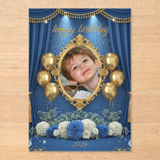 Invitación de cumpleaños con foto azul real para n