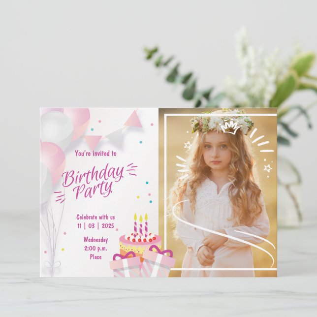 Invitación de cumpleaños con foto con globos y pas (Anverso de pie)