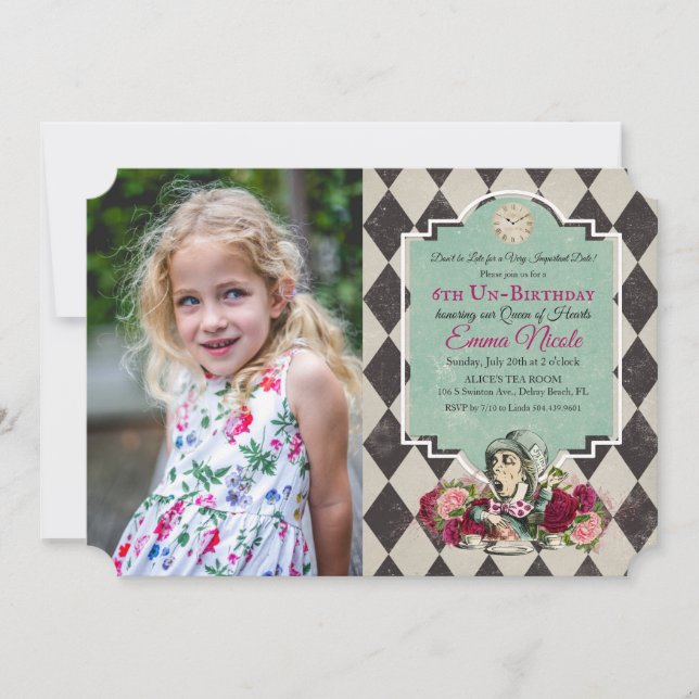 Invitación de Cumpleaños con Foto de Alicia en el  (Anverso)