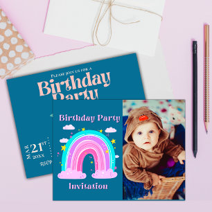 Invitación de Cumpleaños con Foto de Arcoíris Rosa
