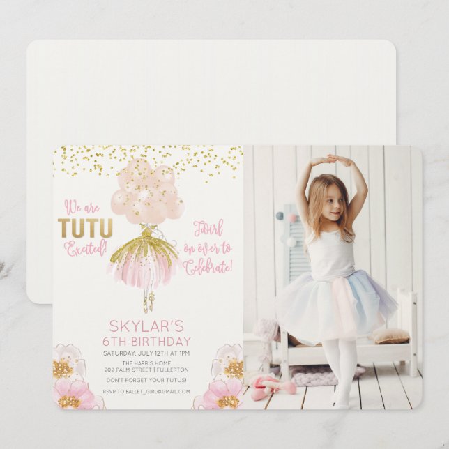 Invitación de cumpleaños con foto de bailarina par (Anverso / Reverso)