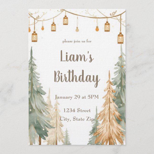 Invitación de cumpleaños con foto de bosque invern (Anverso)
