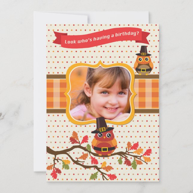 Invitación de cumpleaños con foto de búhos de Acci (Anverso)