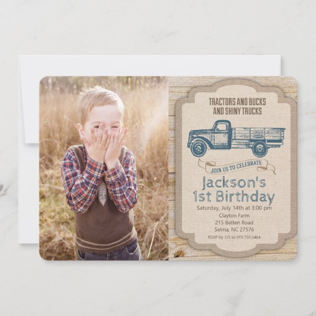 Invitación de cumpleaños con foto de camión de cie (Anverso)