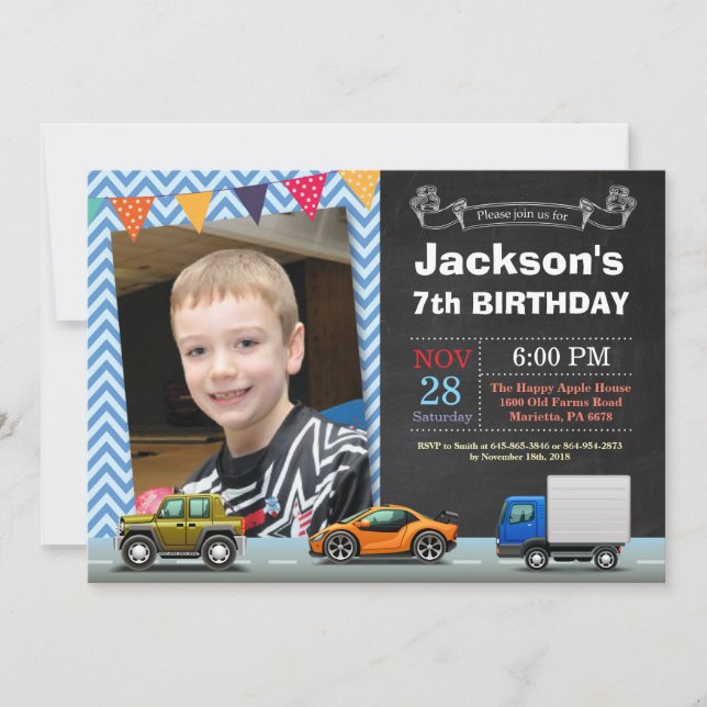 Invitación de cumpleaños con foto de coche de cami (Anverso)