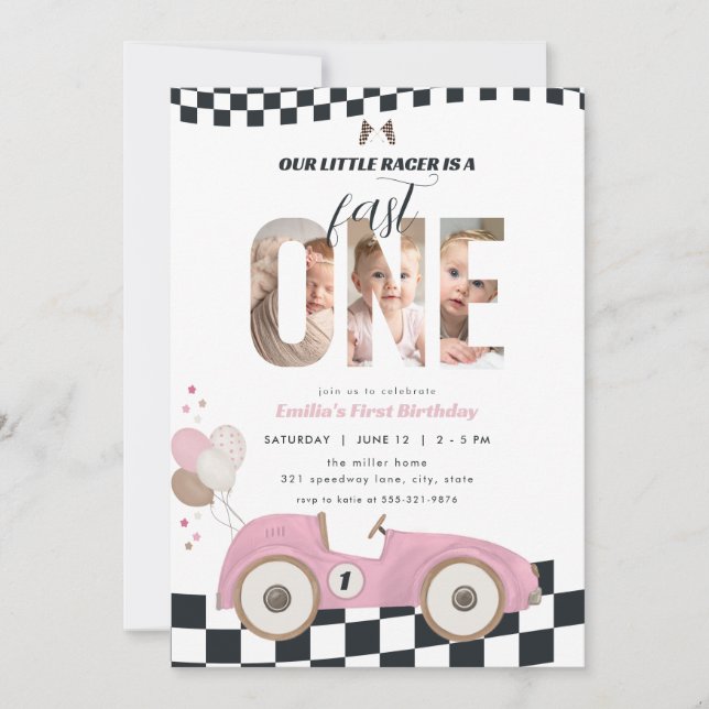 Invitación de cumpleaños con foto de coche de carr (Anverso)