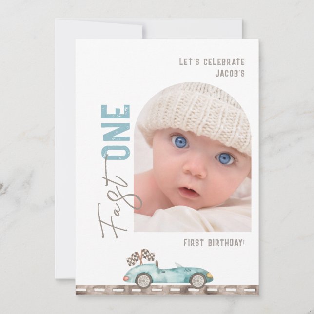 Invitación de cumpleaños con foto de coche de carr (Anverso)