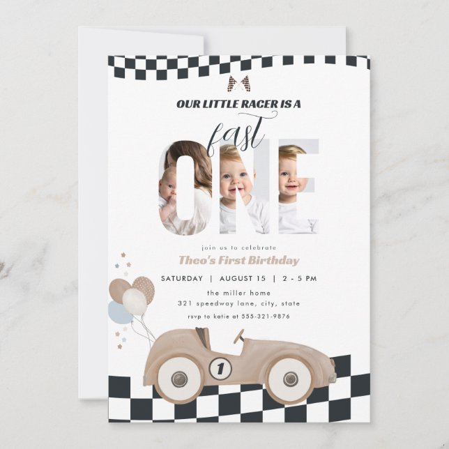 Invitación de cumpleaños con foto de coche de carr (Anverso)