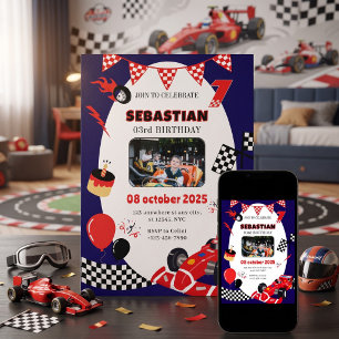 Invitación de cumpleaños con foto de coche de carr
