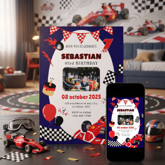 Invitación de cumpleaños con foto de coche de carr