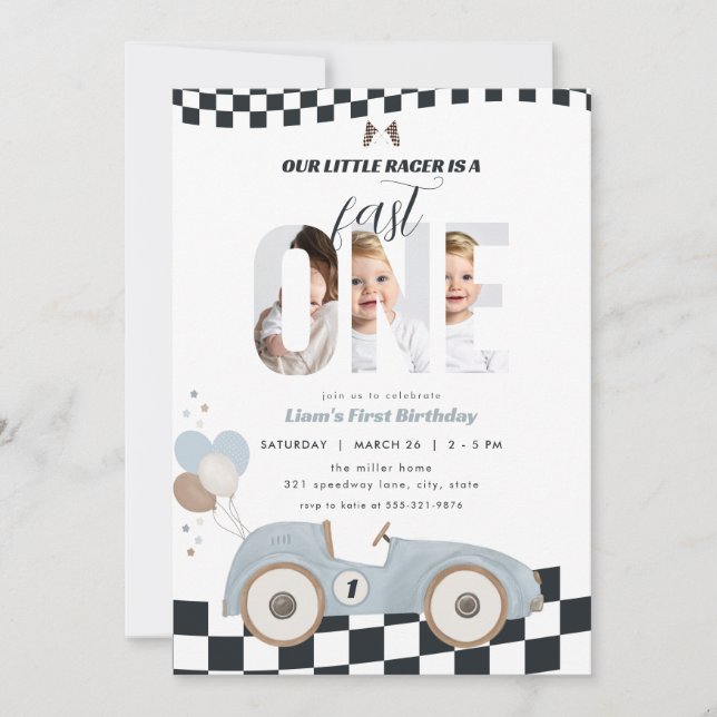 Invitación de cumpleaños con foto de coche de carr (Anverso)