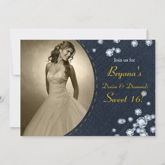 Invitación de cumpleaños con foto de denim y diama (Anverso)