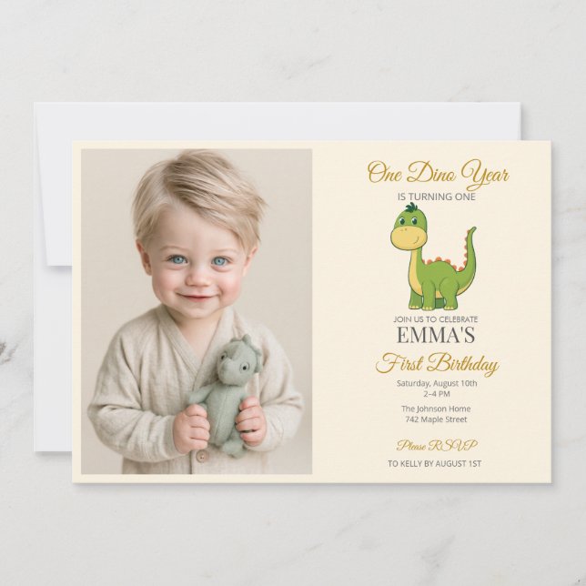 Invitación de cumpleaños con foto de dinosaurio li (Anverso)
