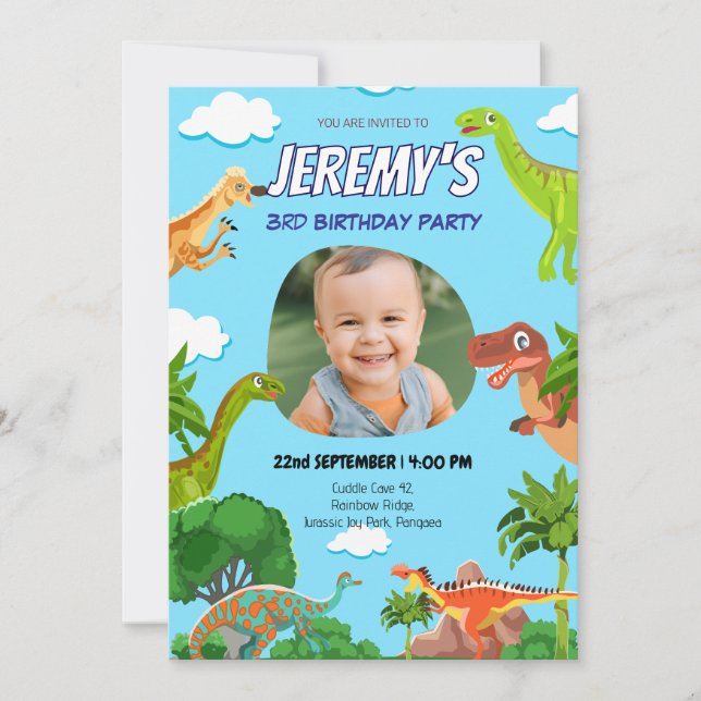 Invitación de cumpleaños con foto de dinosaurio pe (Anverso)