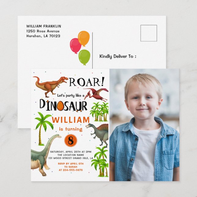 Invitación de Cumpleaños con Foto de Dinosaurio Ru (Anverso / Reverso)