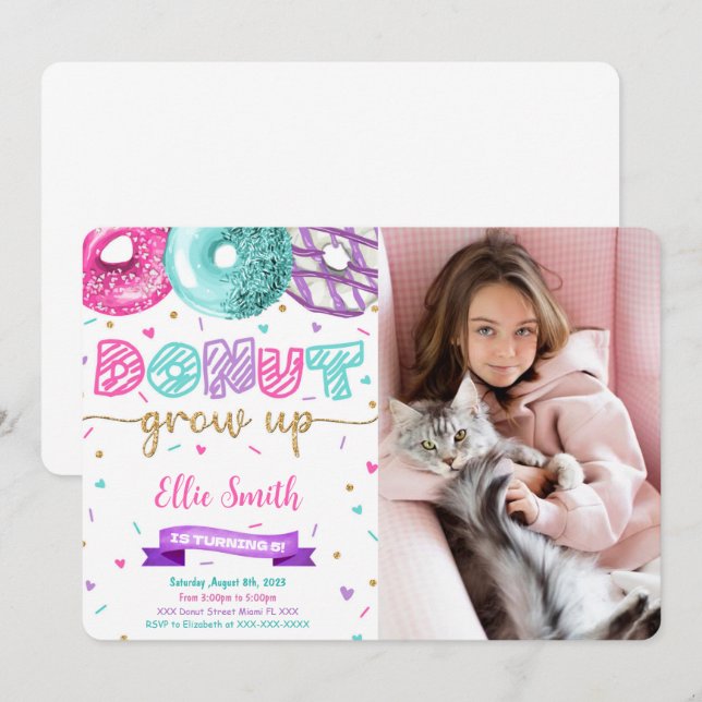 Invitación de cumpleaños con foto de donut editabl (Anverso / Reverso)