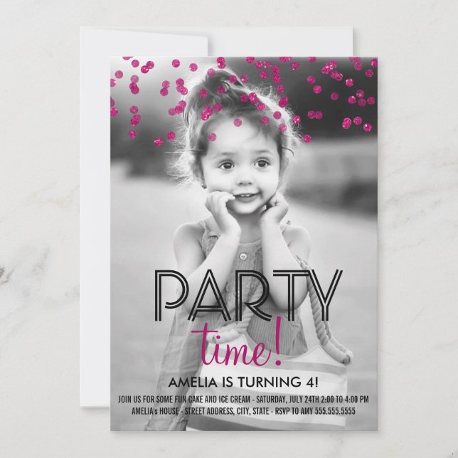 Invitación de cumpleaños con foto de fiesta de con (Anverso)
