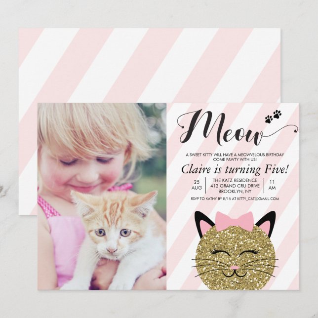 Invitación de cumpleaños con foto de gatito para c (Anverso / Reverso)